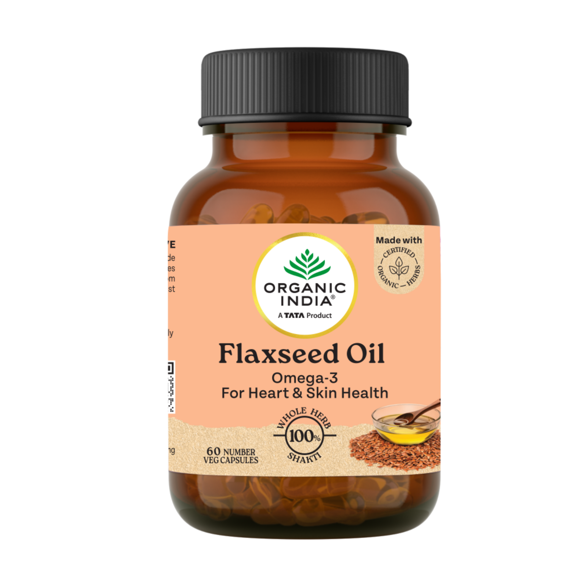 Bottle of Organic India Flaxseed Oil capsules on a white background